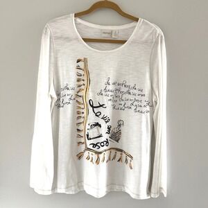 Zenergy by Chicos White La‎ Vie En Rose Graphic Top LS Gold Accents Sz 2-US LG